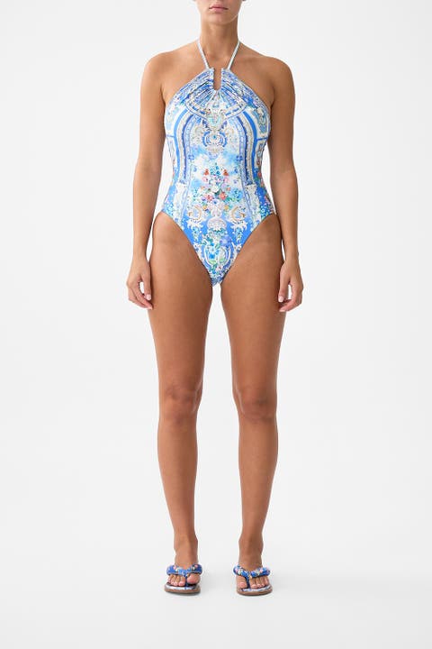 Diamond Neck Halter One Piece With U Ring Front