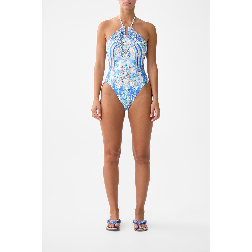 Camilla Diamond Neck Halter One Piece With U Ring Front In Blue