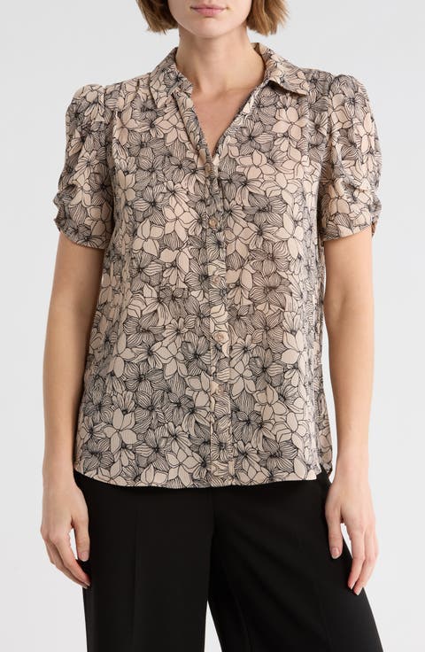 Patterned Pinch Sleeve Button-Up Shirt