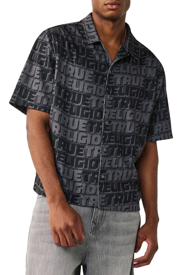 Logo Mesh Short Sleeve Snap-Up Shirt, Main, color, JET BLACK