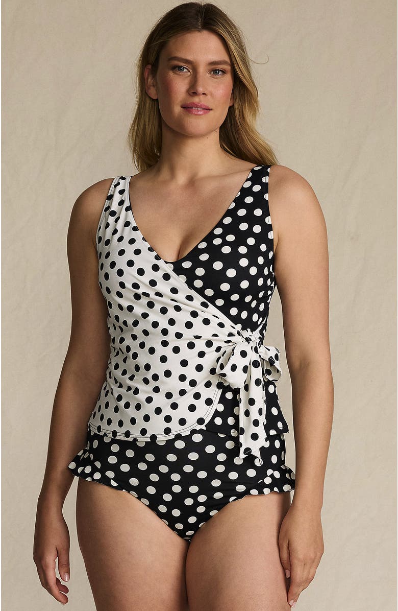 Lands' End Chlorine Resistant Side Tie V-neck Tankini Swimsuit Top, Alternate, color, Black/Egret Mixed Tossed Dots