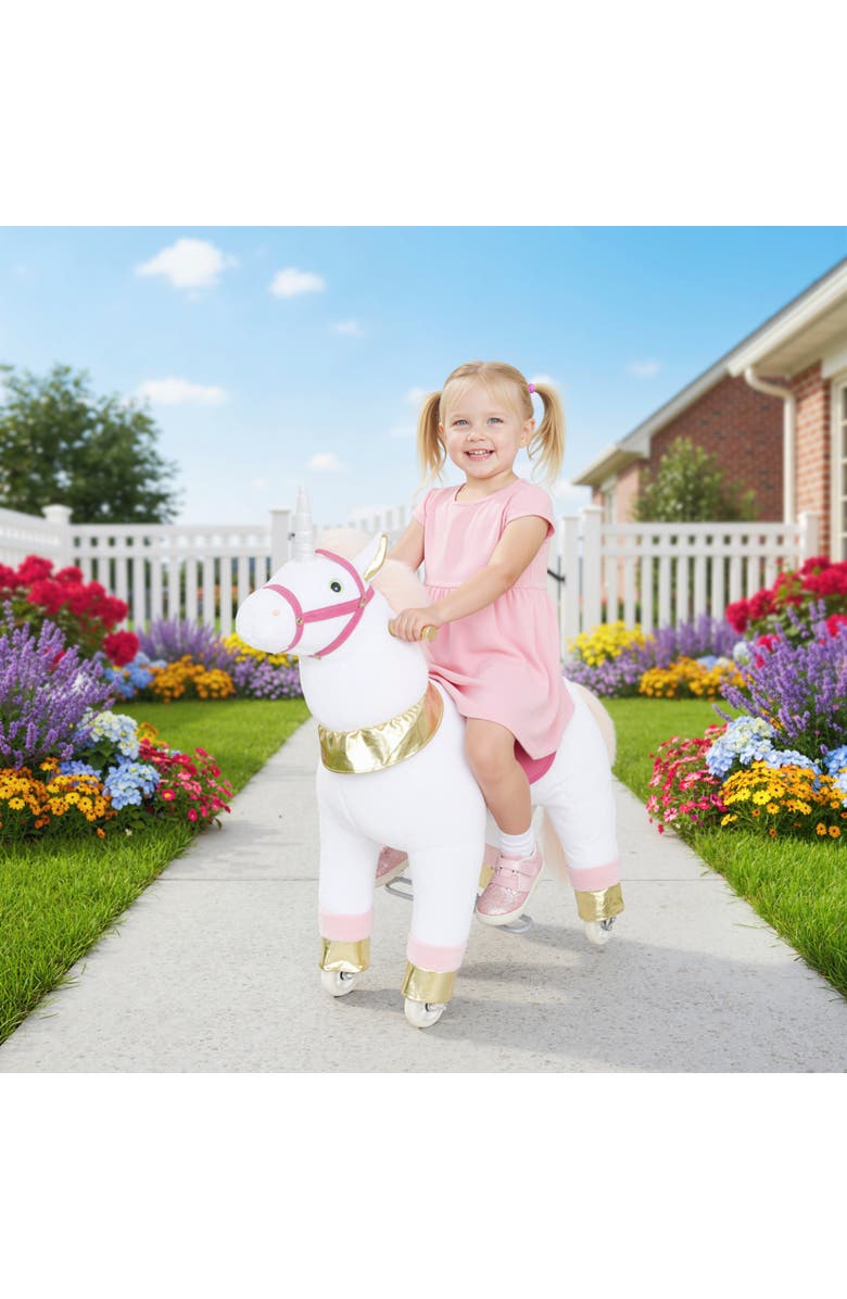 Qaba Ride on Unicorn Toy for Kids Plush Baby Rocking Horse Mechanical Walking Animal with Wheels No Batteries Required, Alternate, color, White