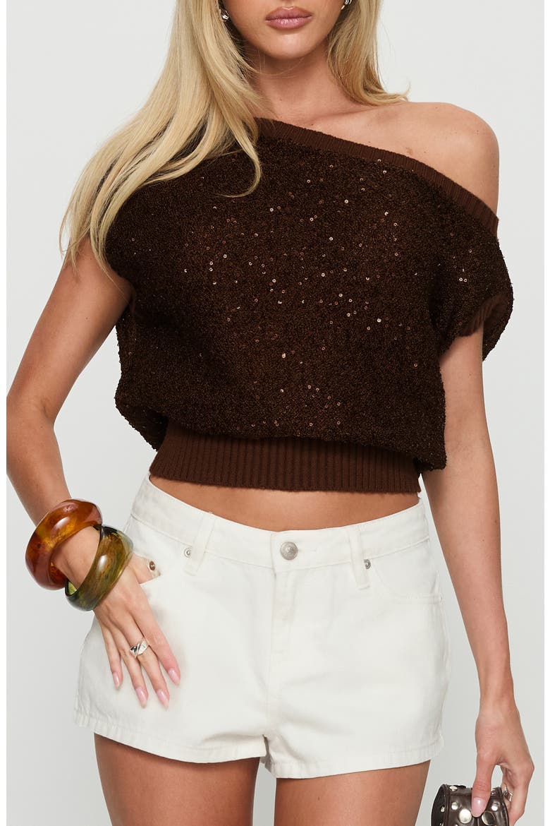 Marysa Sequin Off the Shoulder Blouson Top, Main, color, BROWN