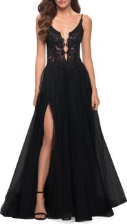 La Femme Tulle A Line Gown with Lace Rhinestone Bodice