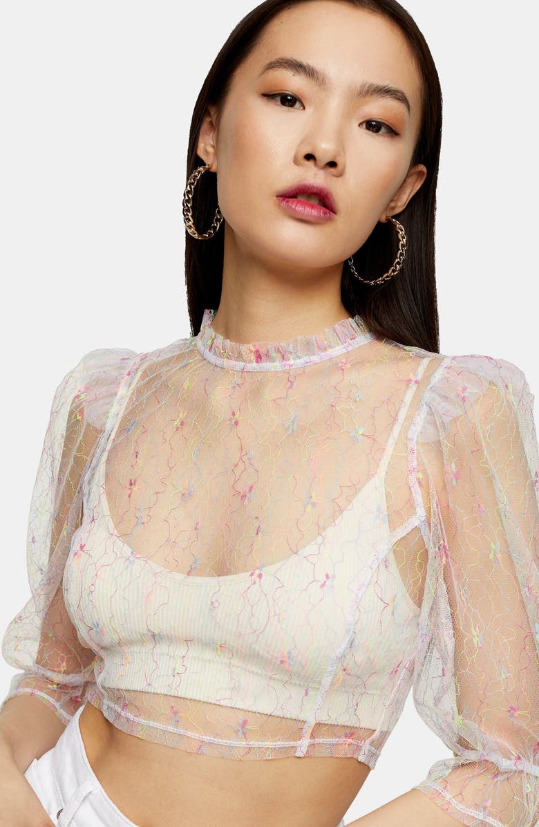 Topshop Fluorescent Mesh Crop Top, Alternate, color, 