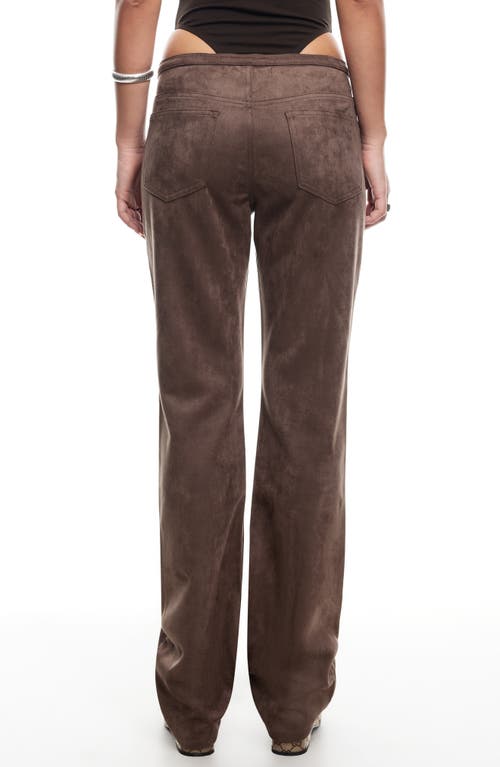 Lioness Charismatic Dipped Low Rise Flare Faux Suede Pants In Brown