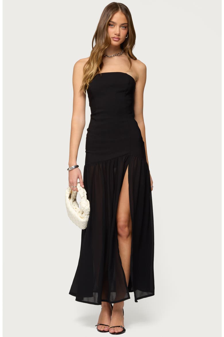 Marisa Strapless Drop Waist Mixed Media Maxi Dress, Alternate, color, BLACK