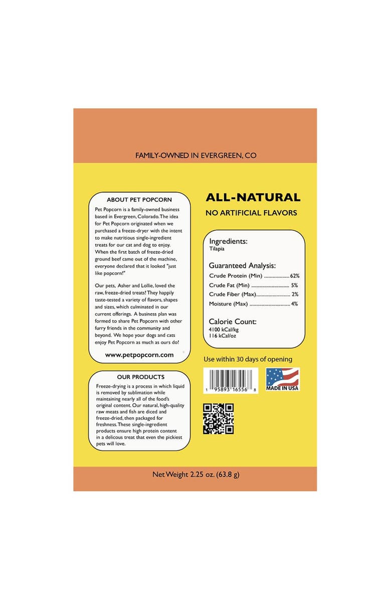 Pet Popcorn Freeze Dried Raw Treats, Tilapia, 2.5oz Bag, Dog & Cat Snacks, Alternate, color, 
