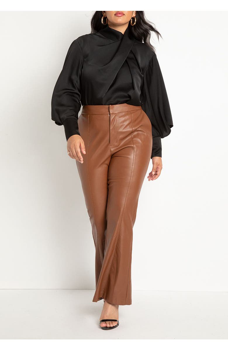 ELOQUII Draped Neck Satin Blouse, Alternate, color, Totally Black