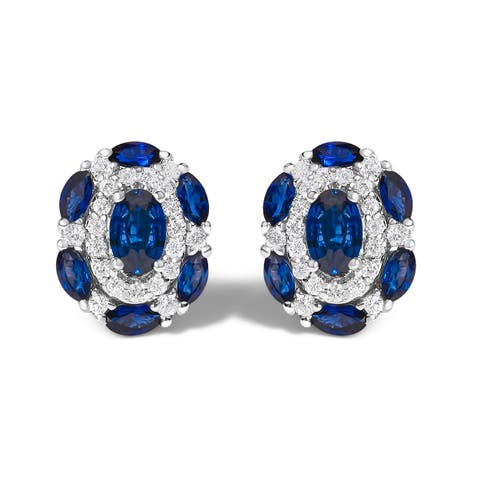 14K White Gold Blue Sapphire and Diamond Vintage Style Stud Earrings