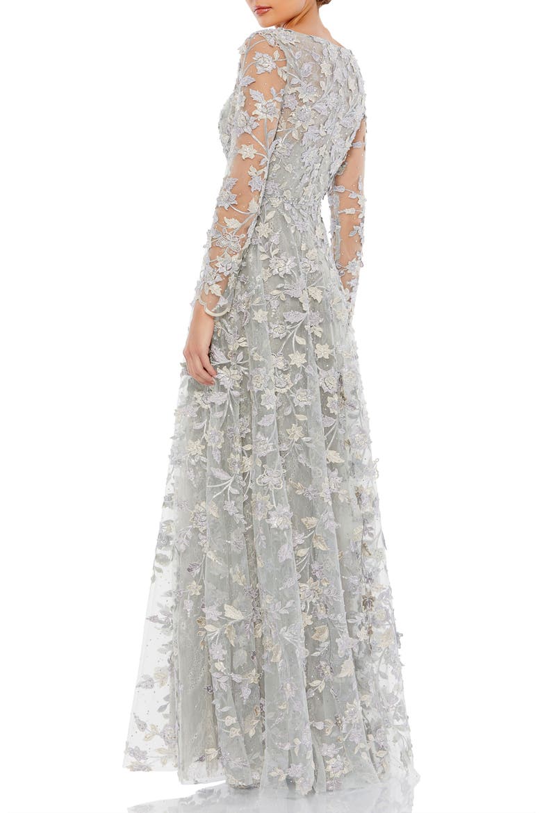 Floral Applique Long Sleeve Illusion Gown, Alternate, color, PLATINUM