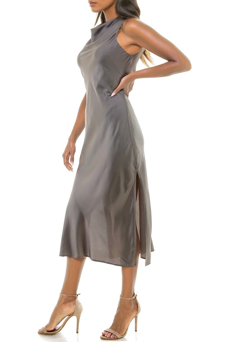 Cowl Neck Bias Cut Satin Midi Dress, Alternate, color, CHARCOAL GREY