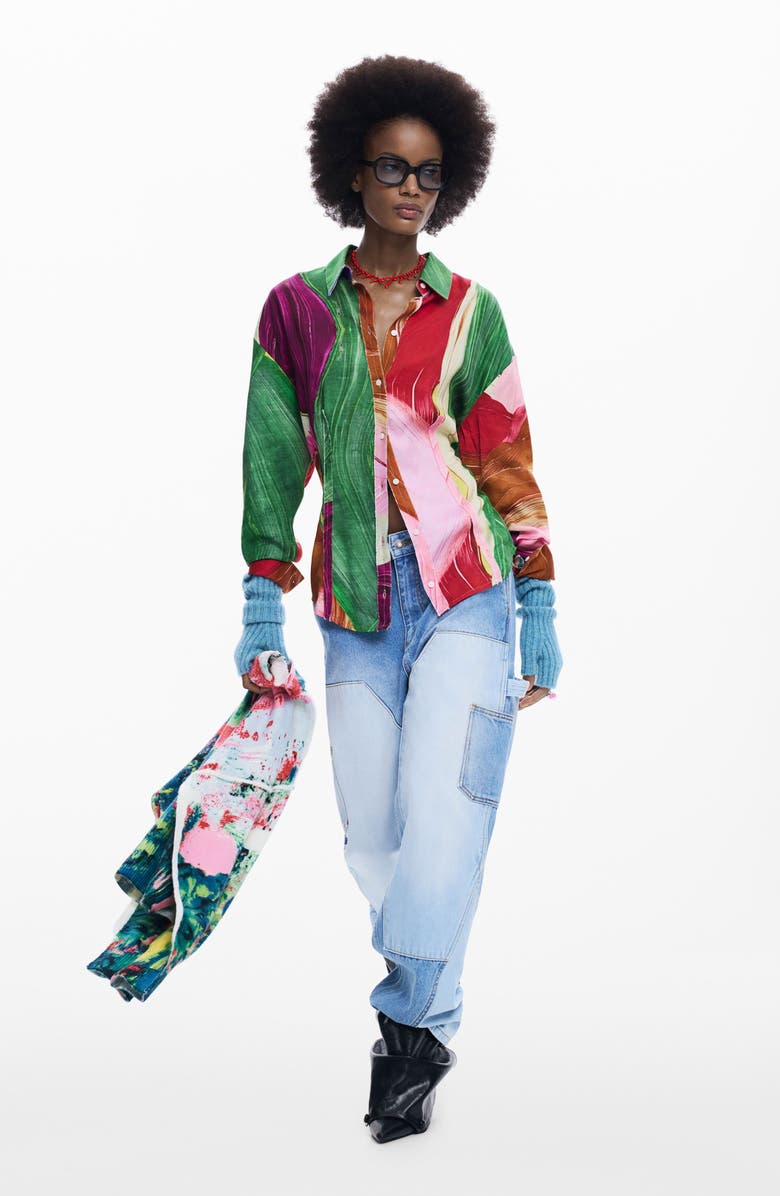 Desigual Abstract Print Button-Up Shirt, Alternate, color, Green Multi