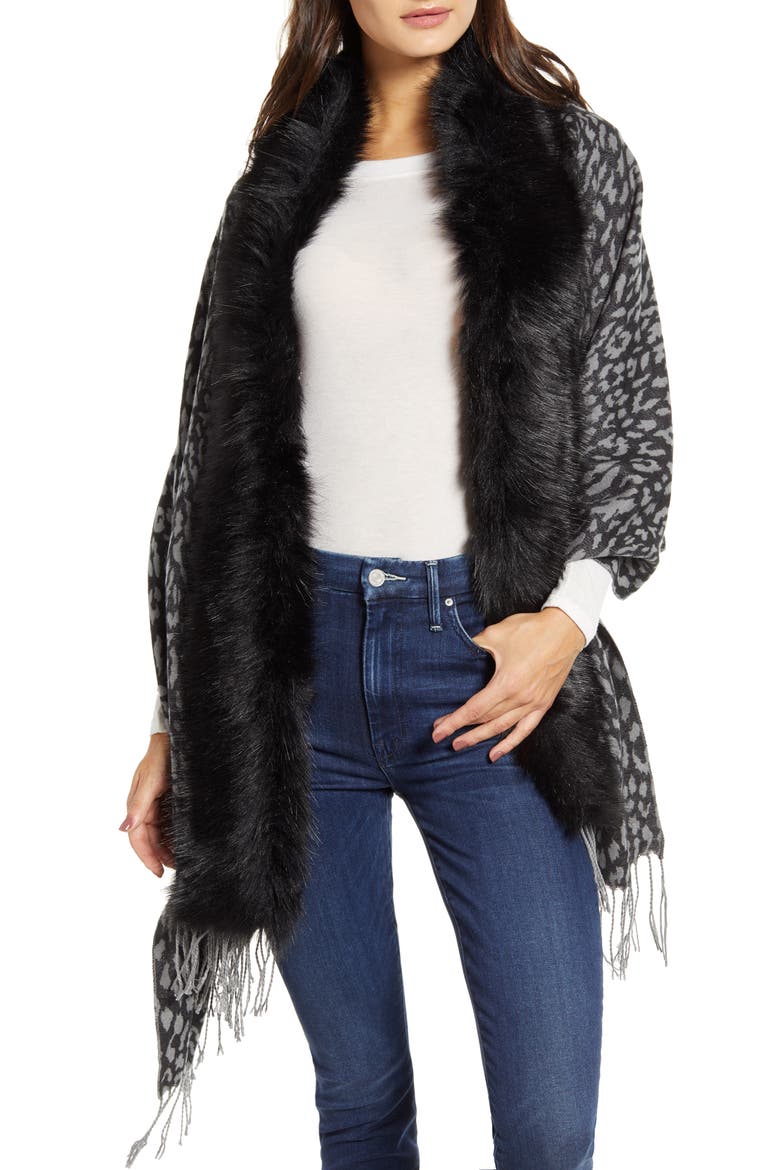 Faux Fur Trim Knit Wrap, Main, color, GREY LEOPARD