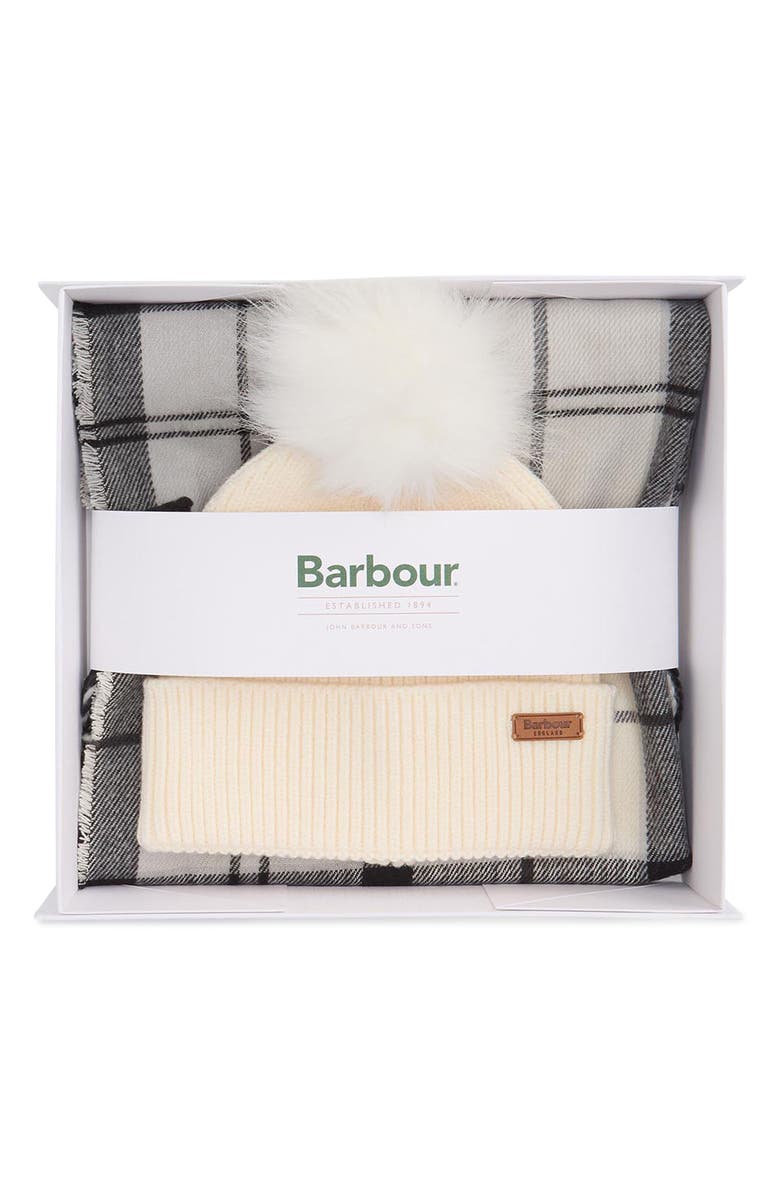 Barbour Dover Tartan Scarf & Faux Fur Pompom Beanie Set, Alternate, color, Monochrome Tartan
