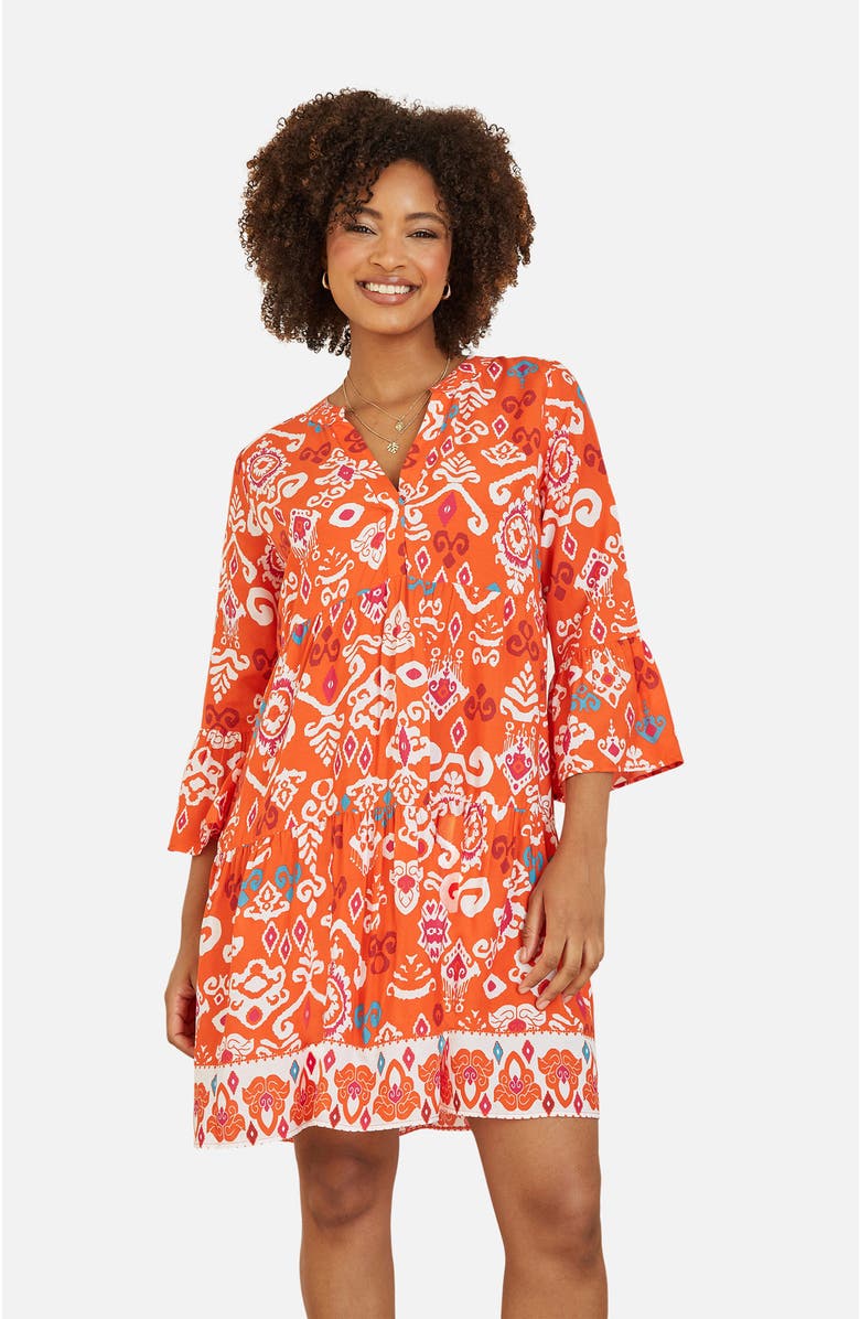 Yumi Flared Ikat Print 3/4 Sleeve Tunic Dress, Alternate, color, Orange