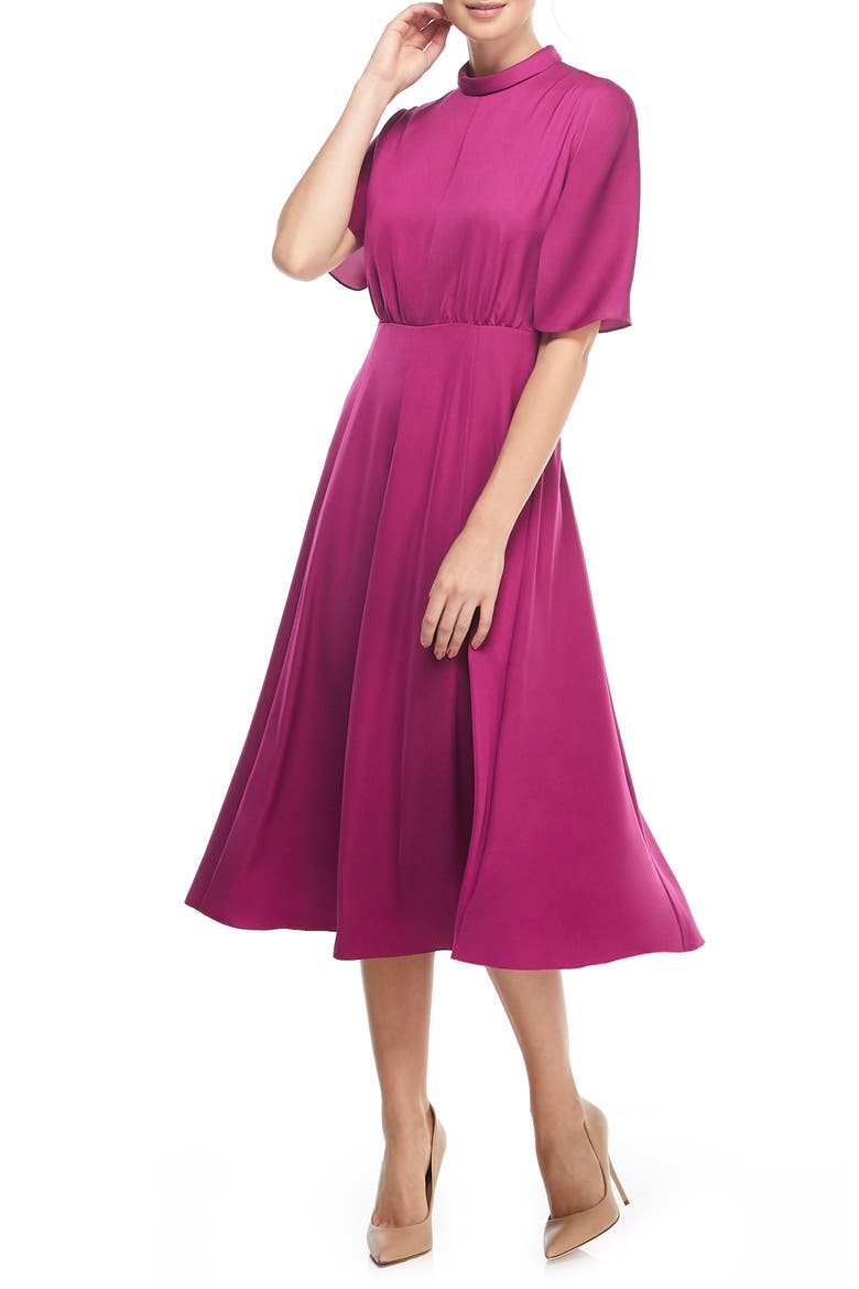 Diane Mock Neck Fit & Flare Midi Dress, Alternate, color, RASPBERRY
