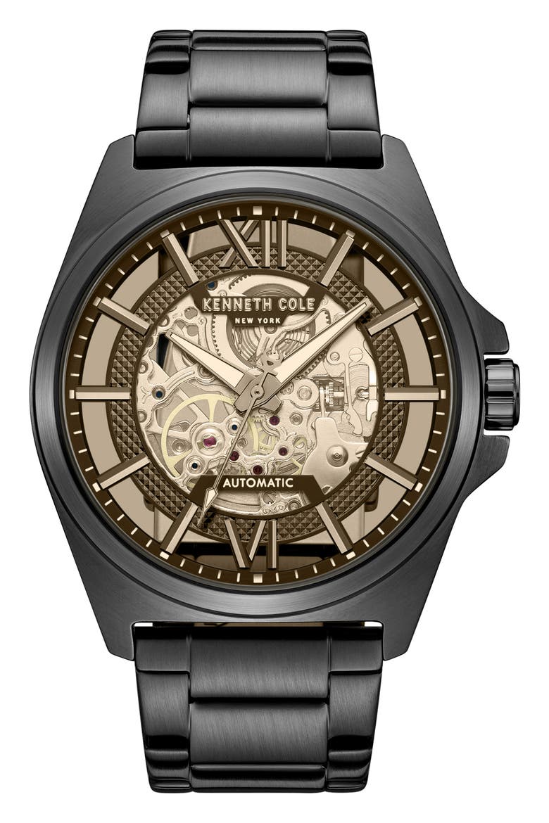 Skeleton Black Automatic Bracelet Watch, 44mm, Main, color, BLACK