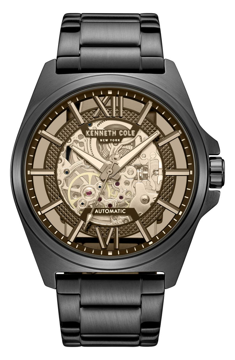 Kenneth Cole New York Skeleton Black Automatic Bracelet Watch, 44mm, Main, color, Black