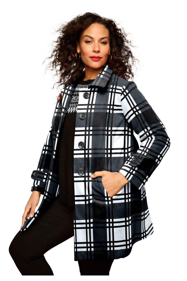 Plus Size Button Up Fleece Jacket, Main, color, BLACK WINDOWPANE