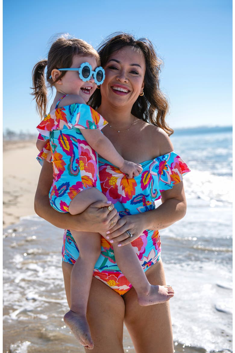 Kids' Breezy Ruffle Off the Shoulder One-Piece Swimsuit, Alternate, color, MULTI