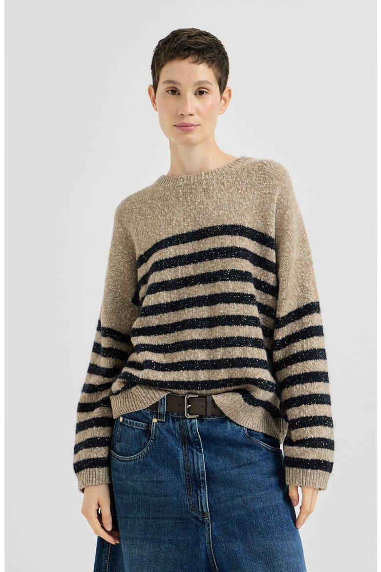 Mouliné soft virgin wool and cashmere sweater with dazzling stripes, Main, color, Beige