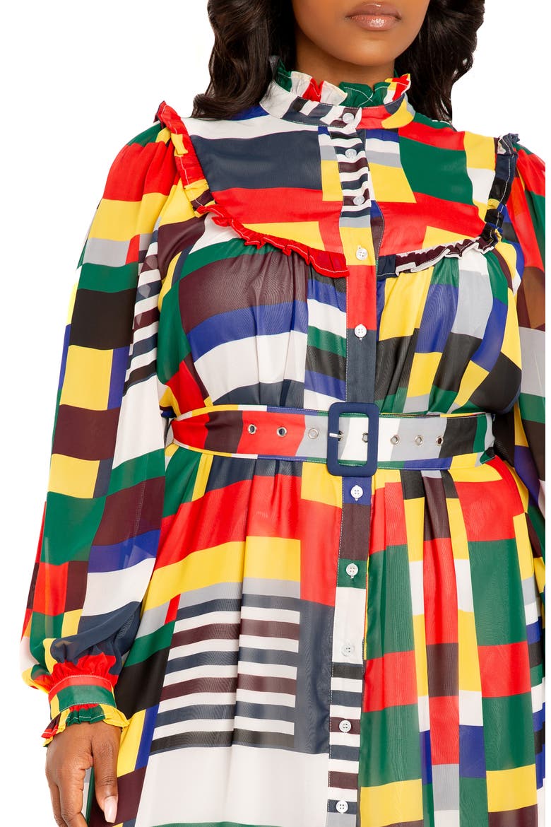 Plaid Ruffle Bib Belted Long Sleeve Maxi Dress, Alternate, color, WHITE/ MULTI-COLOR
