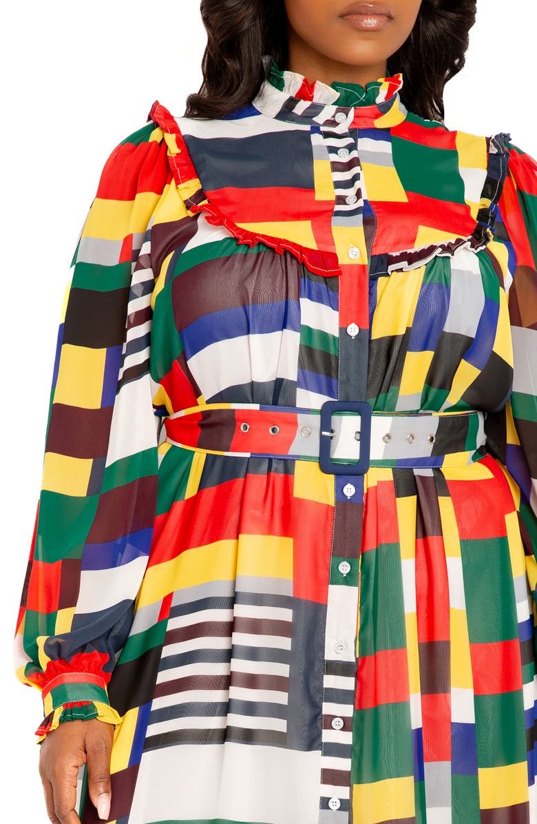 BUXOM COUTURE Plaid Ruffle Bib Belted Long Sleeve Maxi Dress, Alternate, color, 