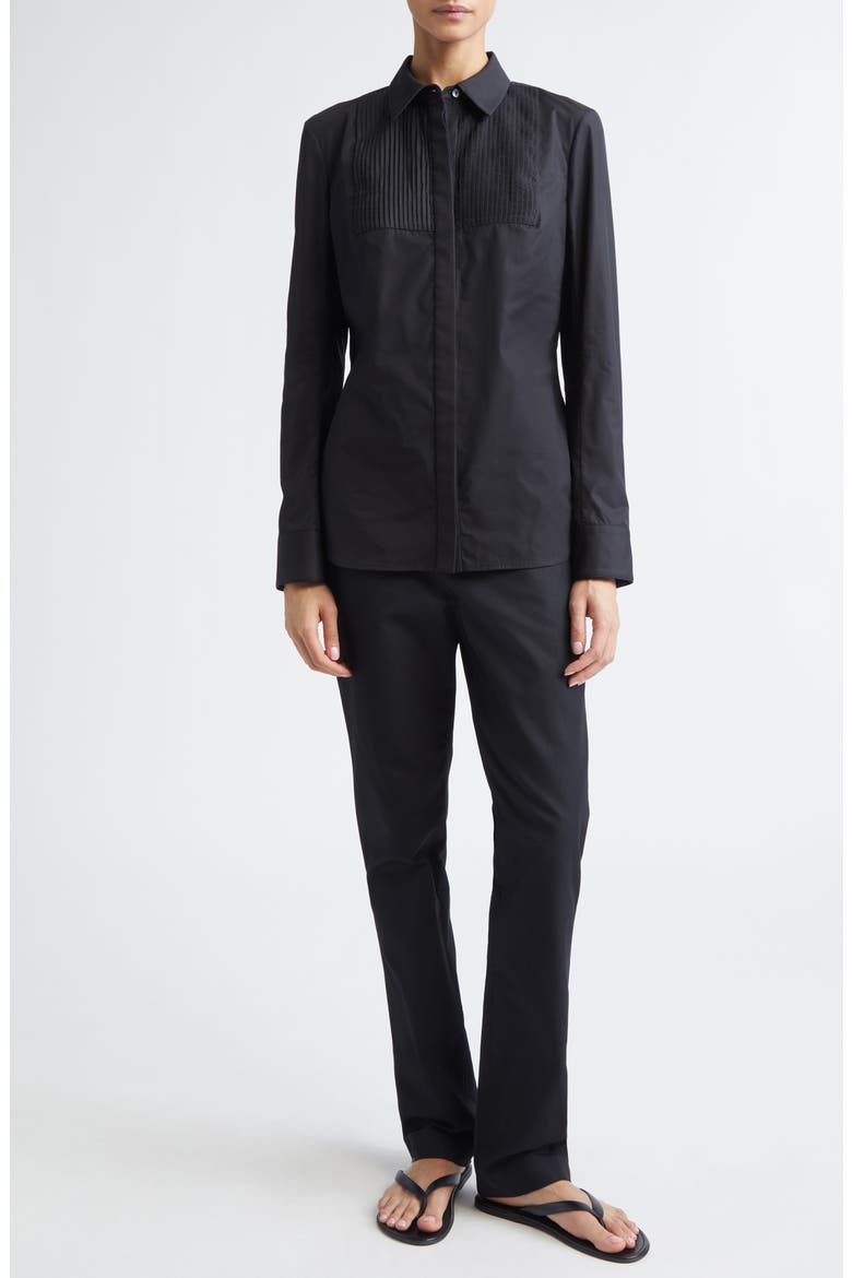 Natalia Pintuck Cotton Poplin Button-Up Shirt, Alternate, color, BLACK