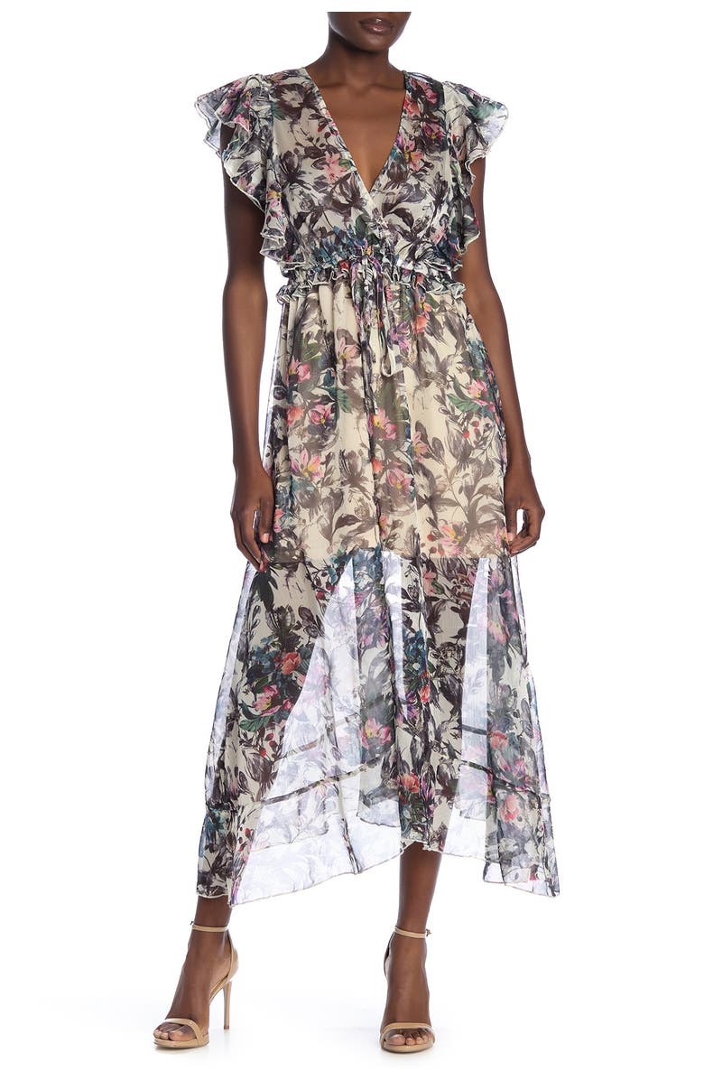 TOV Ruffle Floral Midi Dress, Main, color, 