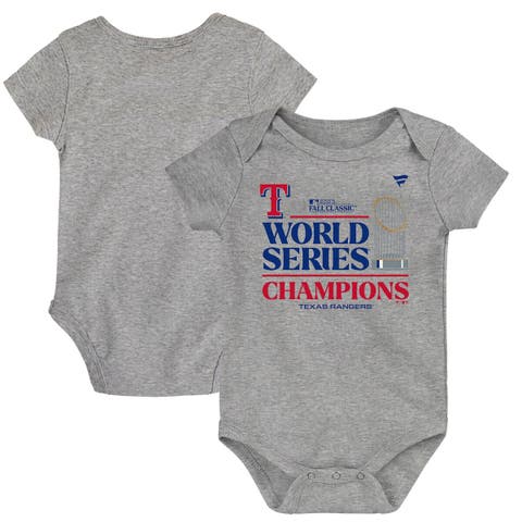Infant Fanatics Branded Heather Gray Texas Rangers 2023 World Series Champions Locker Room Bodysuit