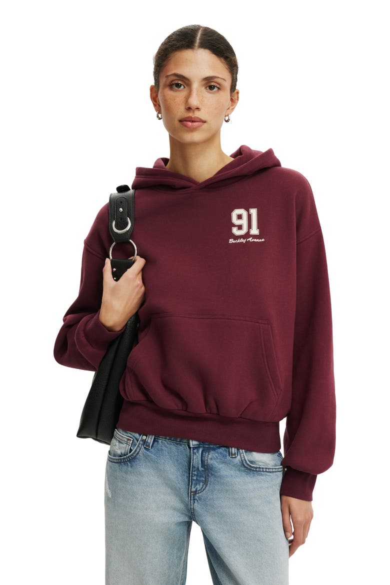 Women's Graphic Boxy Fleece Hoodie, Main, color, Sour Cherry 91