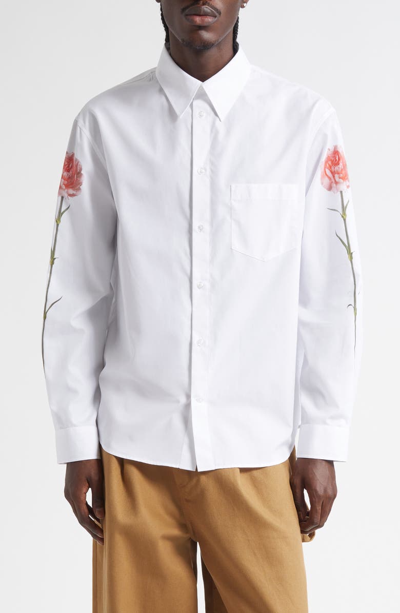 Simone Rocha Carnation Print Cotton Poplin Button-Up Shirt, Main, color, 