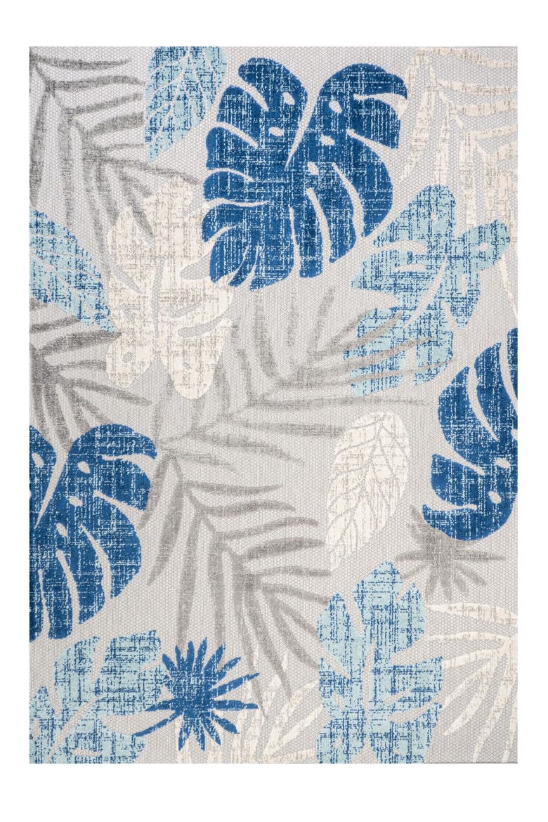 Monstera Tropical Leaf High-Low Indoor/Outdoor Area Rug, Alternate, color, Light Gray/Navy
