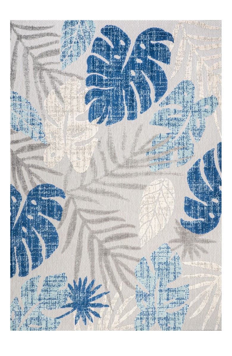 JONATHAN Y Monstera Tropical Leaf High-Low Indoor/Outdoor Area Rug, Main, color, Light Gray/Navy