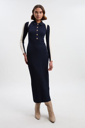 Karen Millen Rib Knit Long Sleeve Military Midi Dress | Nordstrom