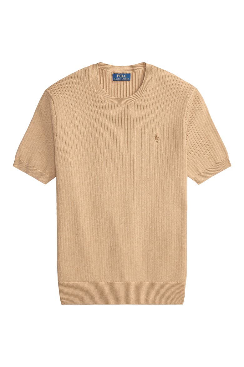Ribbed Cotton Short Sleeve Sweater, Alternate, color, CAMEL MELANGE