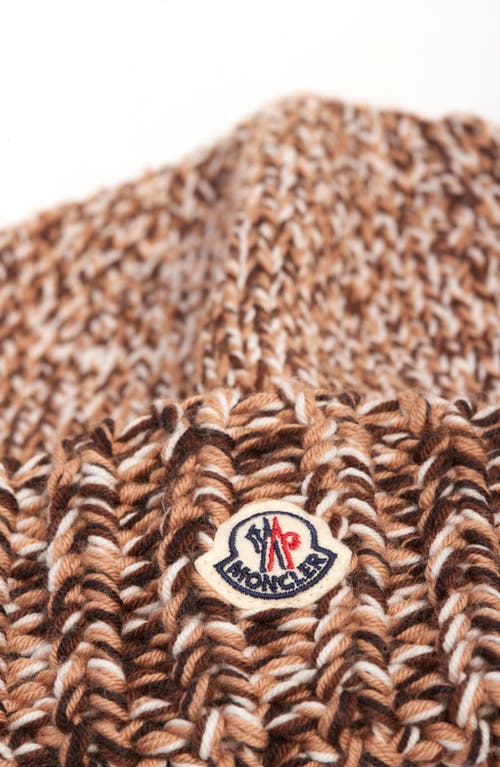Moncler Logo Patch Rib Wool Beanie In Brown