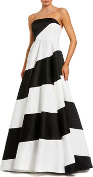 Mac Duggal Women's Strapless Satin Ballgown with Colorblock Stripe Design