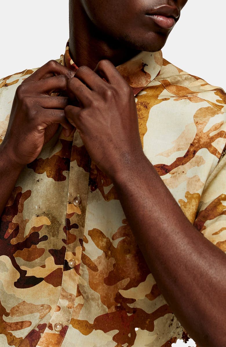 Topman Slim Fit Camouflage Print Short-Sleeve Shirt, Alternate, color,