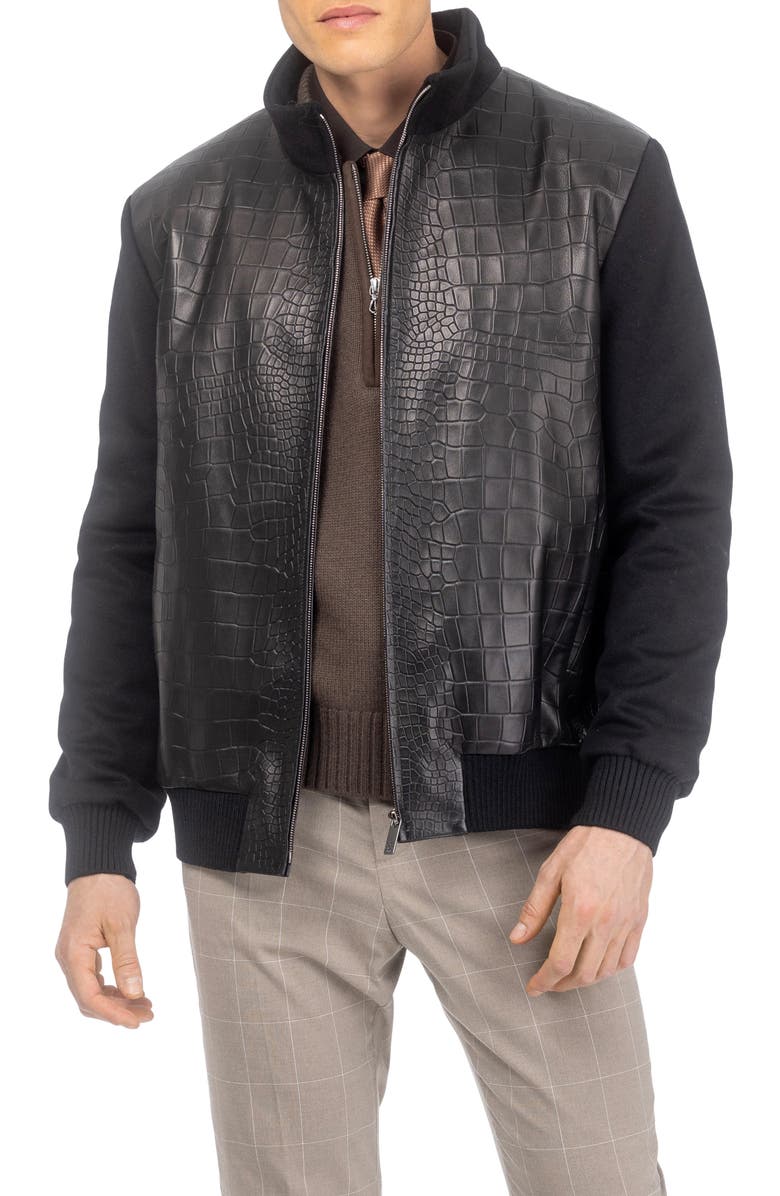GORSKI Men's Jacket Crafted From Wool With Croco-Embossed Leather Front, Alternate, color, Black/Black