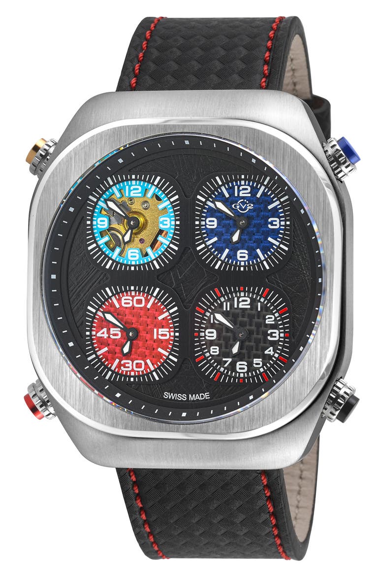 Quattro Zone Leather Strap Watch, 54mm, Main, color, BLACK