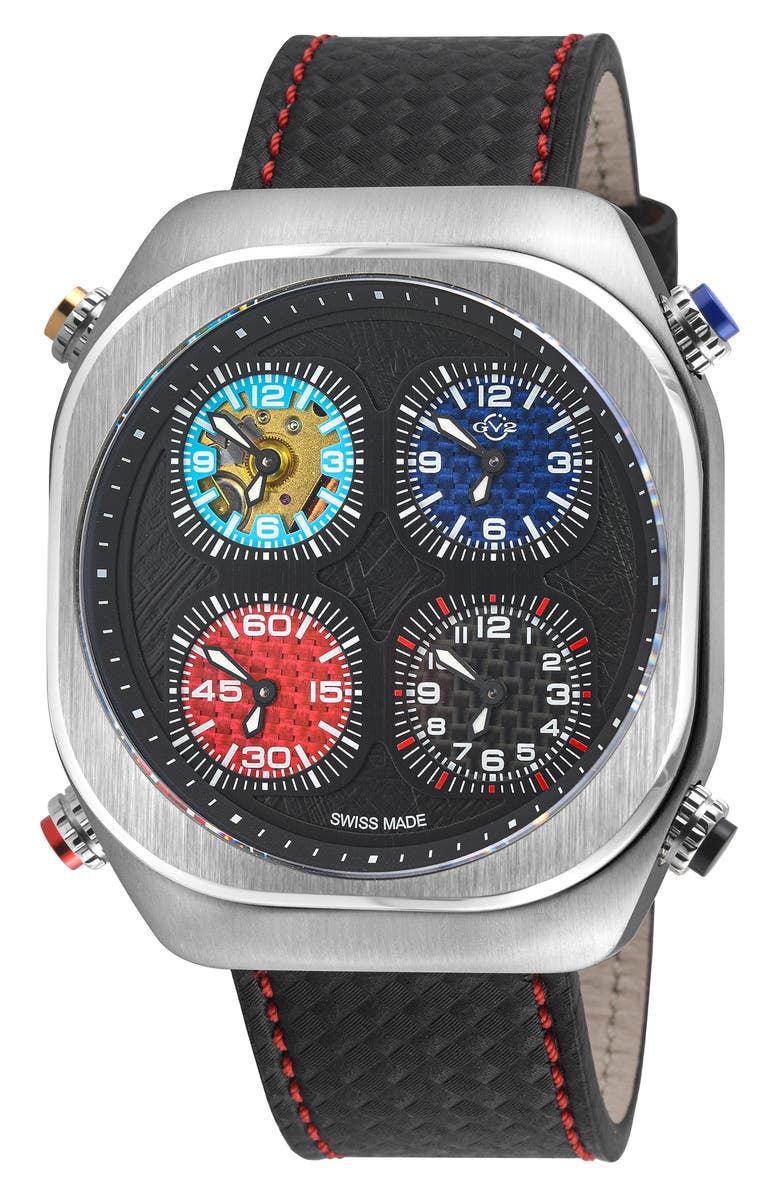 GV2 Quattro Zone Leather Strap Watch, 54mm, Main, color, Black