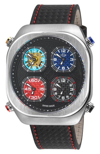 Gv2 Quattro Zone Leather Strap Watch, 54mm In Black