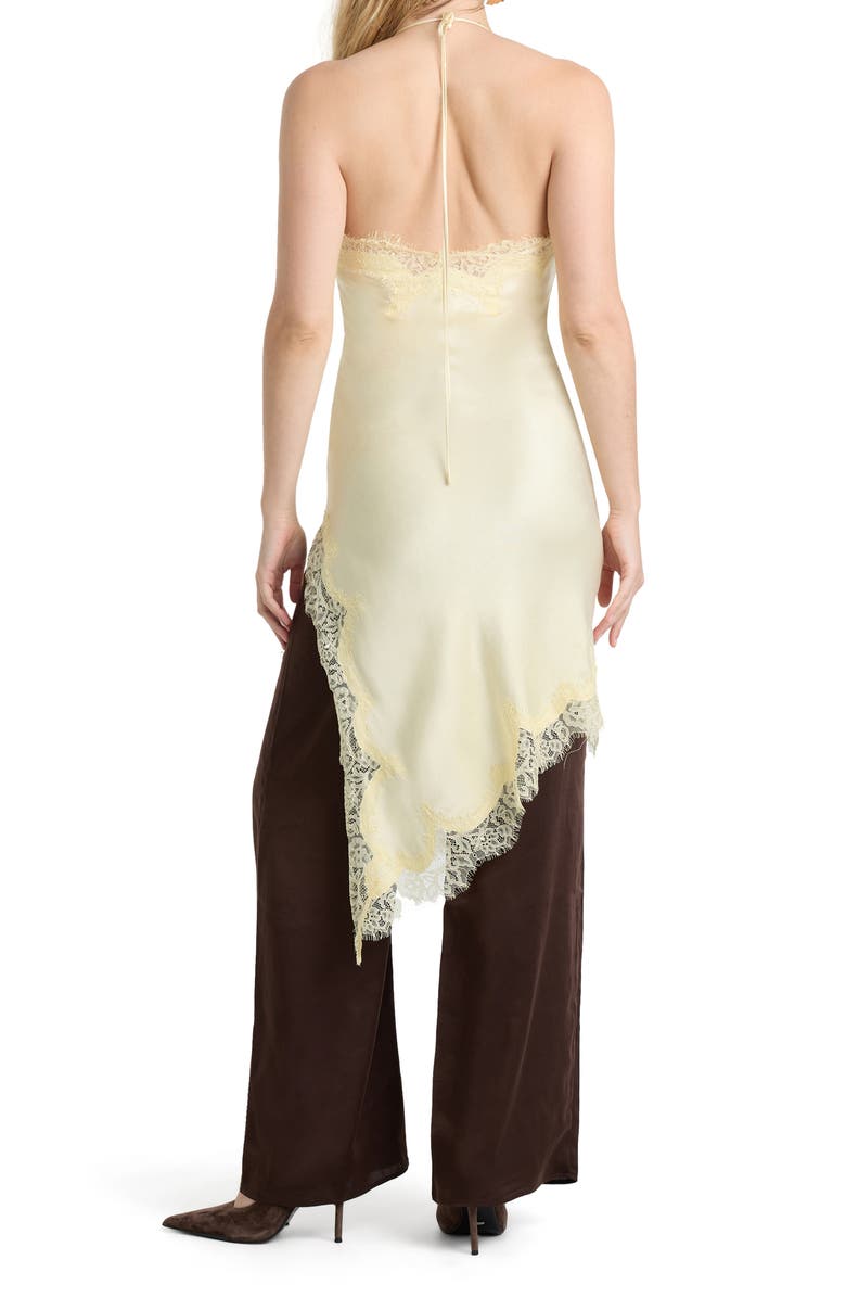 Bardot Silvio Asymmetric Lace Trim Satin Dress, Alternate, color, Buttercup