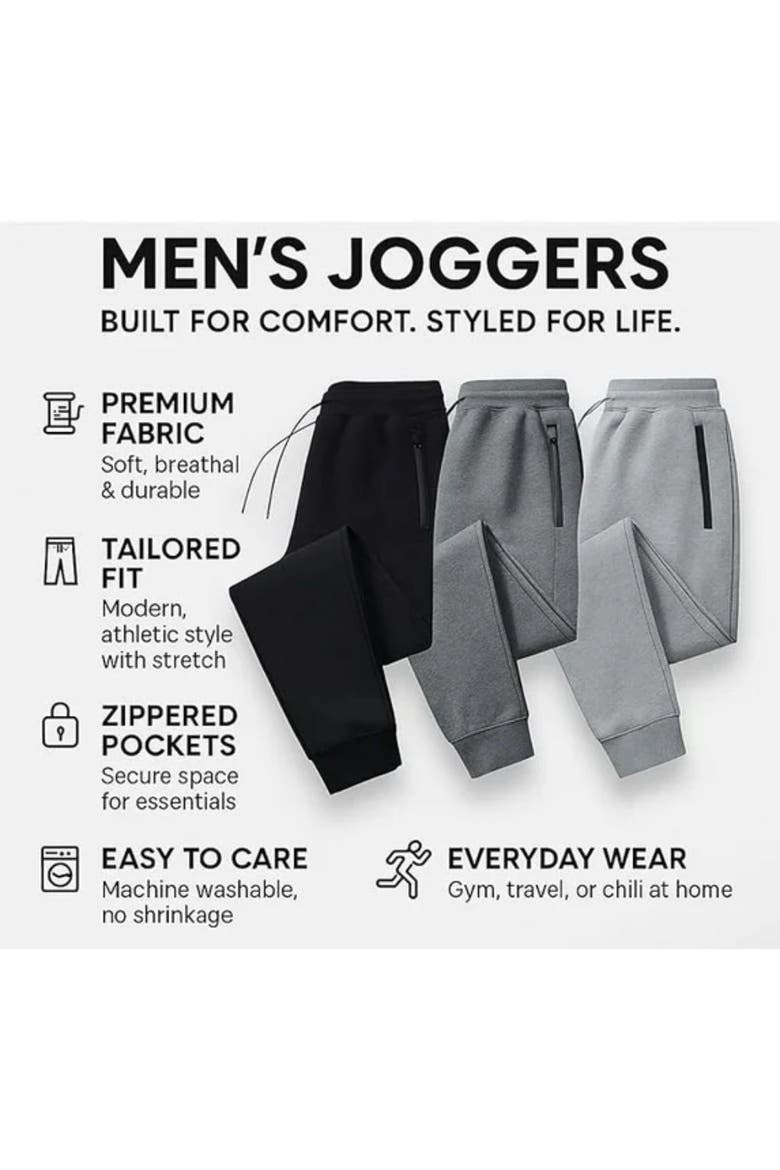 3 Pack Mens Ultra Soft Zipper PocketFleece Joggers, Alternate, color, BLACK/CHARCOAL/GREY