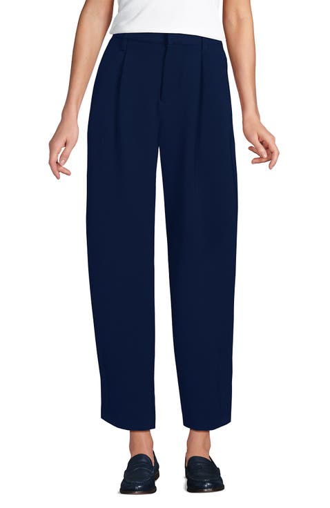 Crepe High Rise Pleated Barrel Leg Ankle Pants