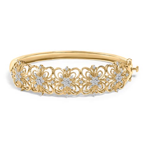 14K Gold 1.00 Cttw Diamond Vintage Inspired Floral Bangle Bracelet