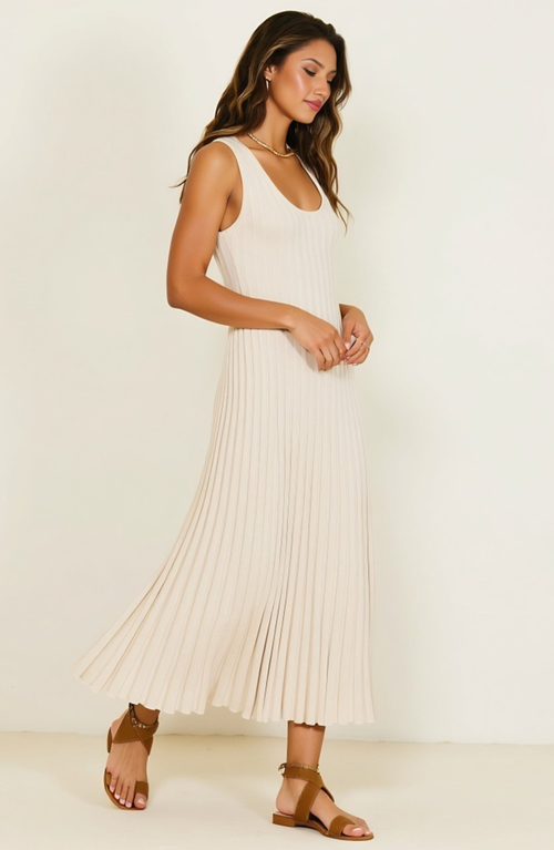 Modenaire Sleeveless Ribbed Knit Midi Dress With Flowy Pleated Hem In White