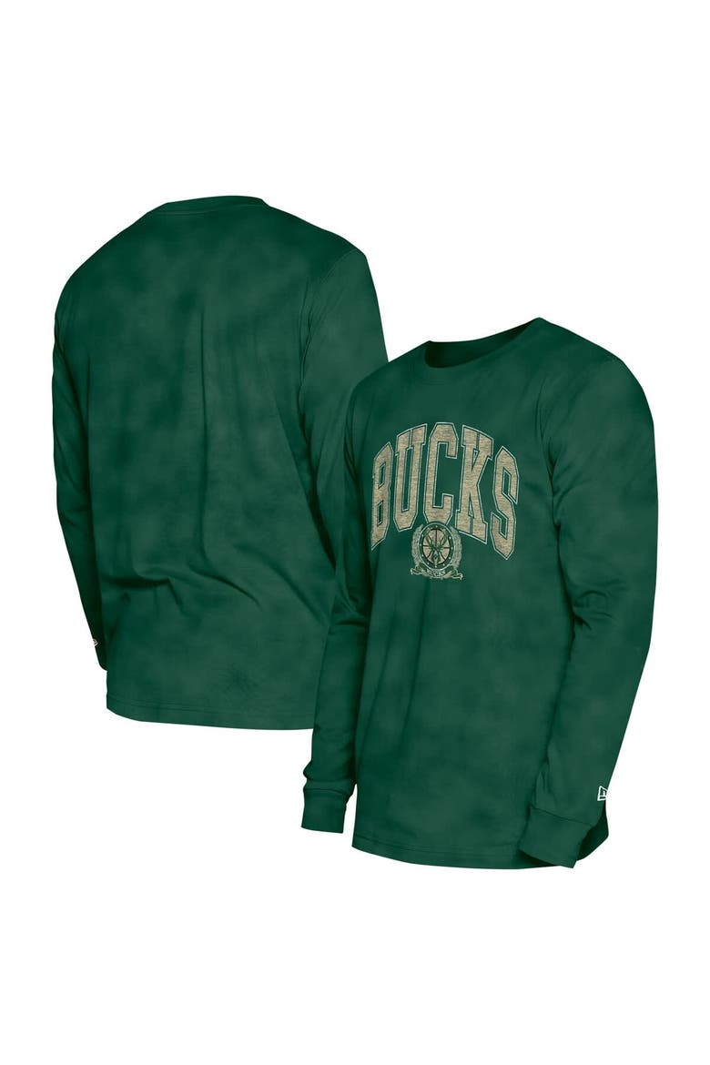Unisex New Era  Hunter Green Milwaukee Bucks Oversized Essentials Enzyme Wash Long Sleeve T-Shirt, Main, color, Hunter Green